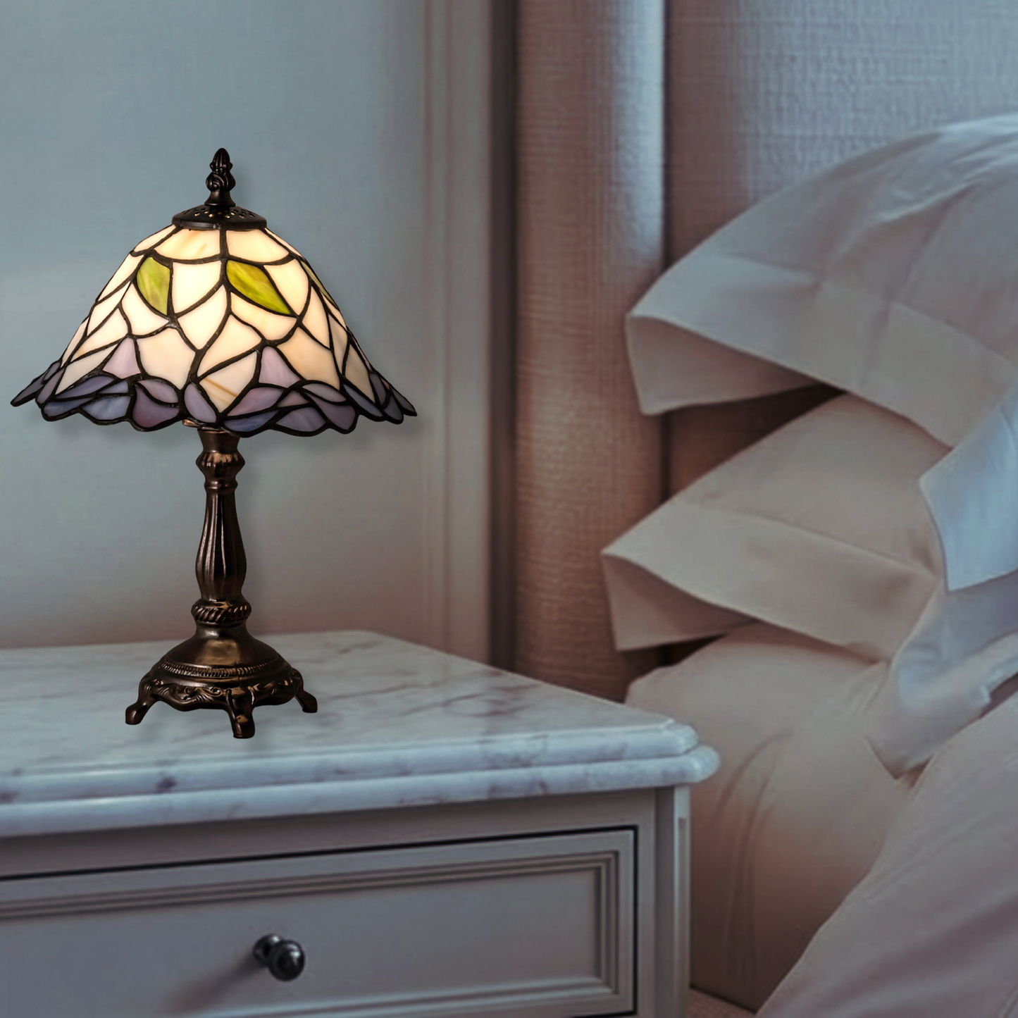 12-inch small tiffany lamp daffodil on nightstand in bedroom.