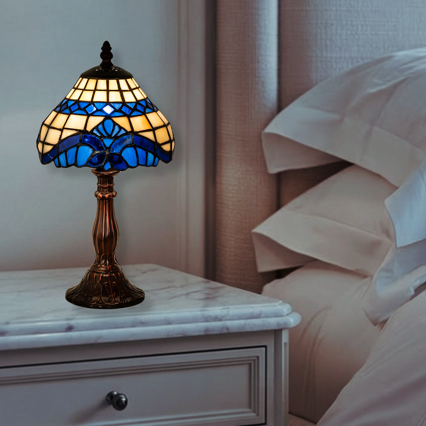 13-inch small tiffany lamp baroque on nightstand in bedroom.