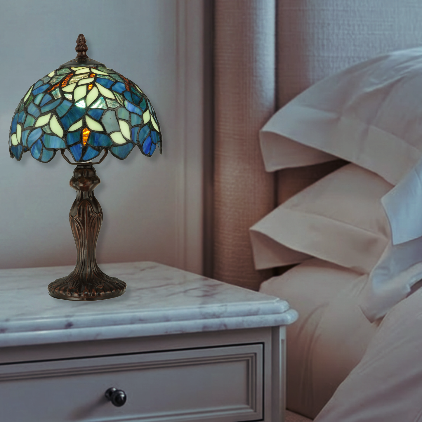 14 inch tiffany wisteria lamp nightfall on nightstand in bedroom.