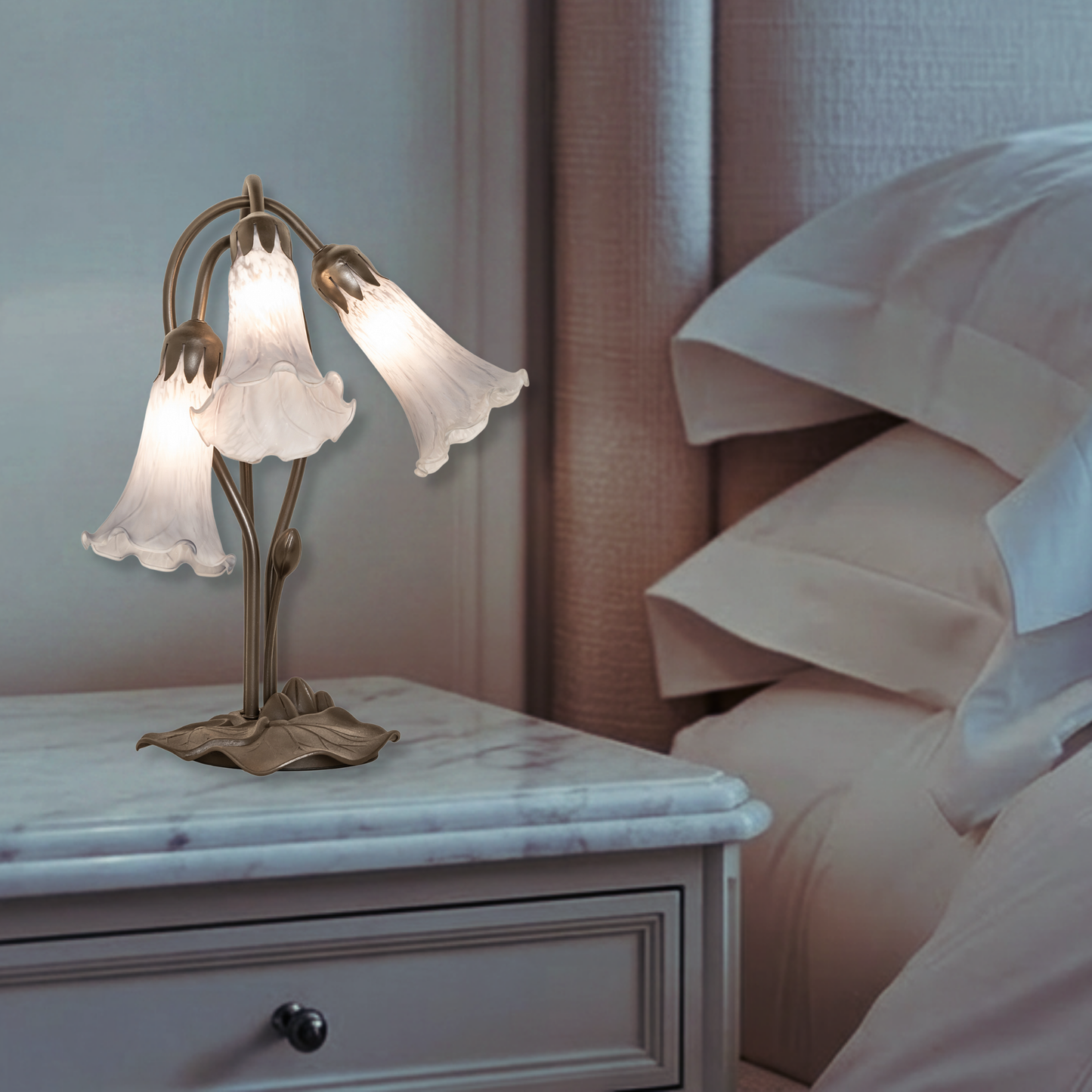 16-inch High Gray Flower Tiffany Lamp Pond Lily Accent on nightstand in bedroom