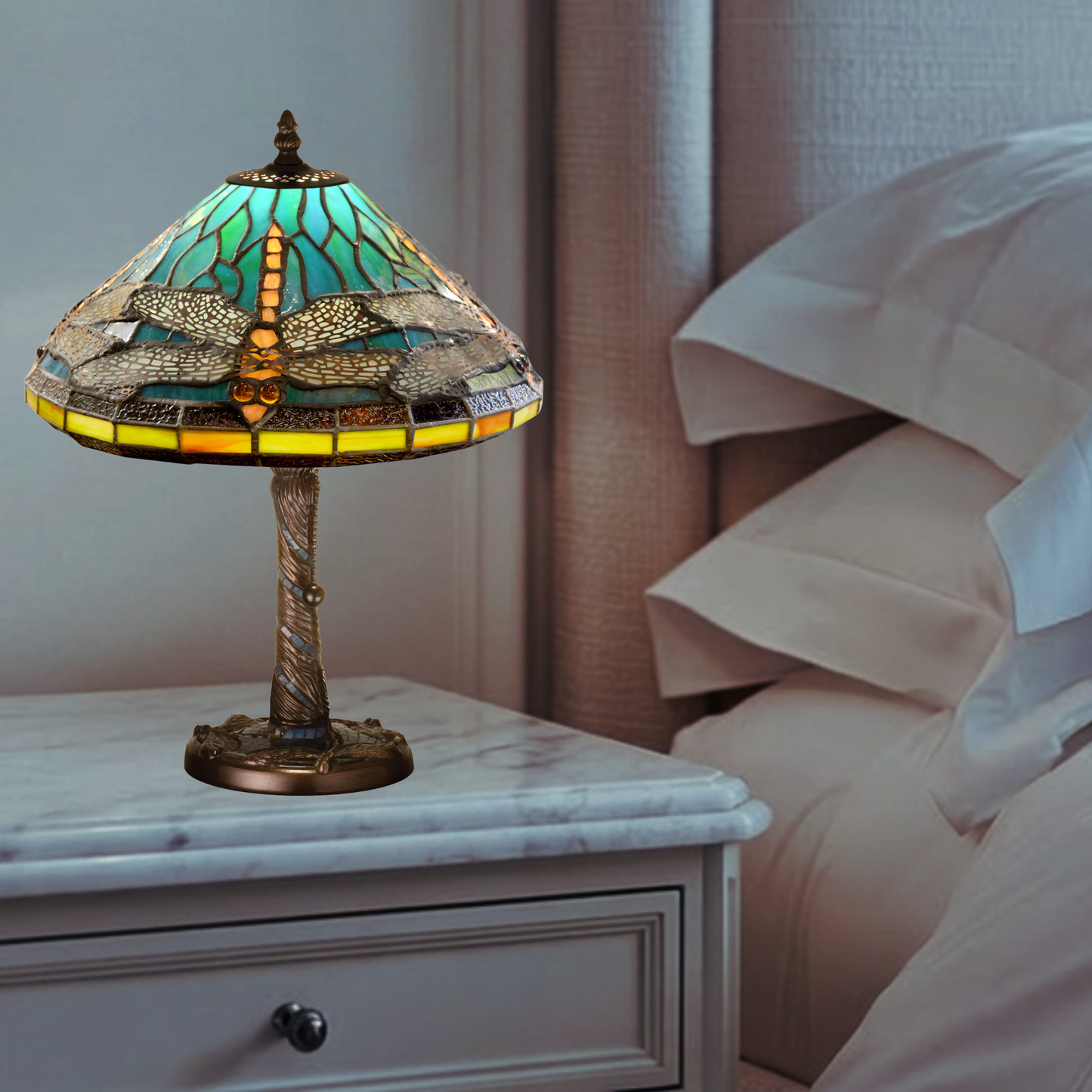 16-inch Tiffany Dragonfly Lamp with Twisted Fly Mosaic Base Accent on nightstand in bedroom