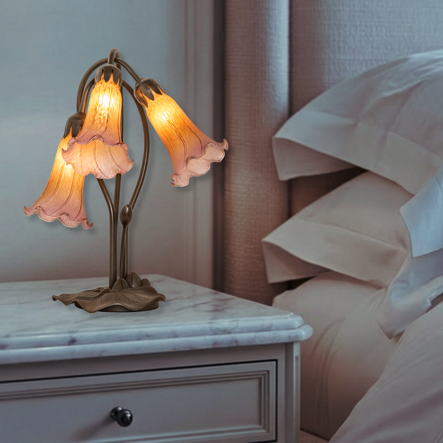 16-inch Tiffany Floral Lamp Amber/Purple Pond Lily Accent on nightstand in bedroom