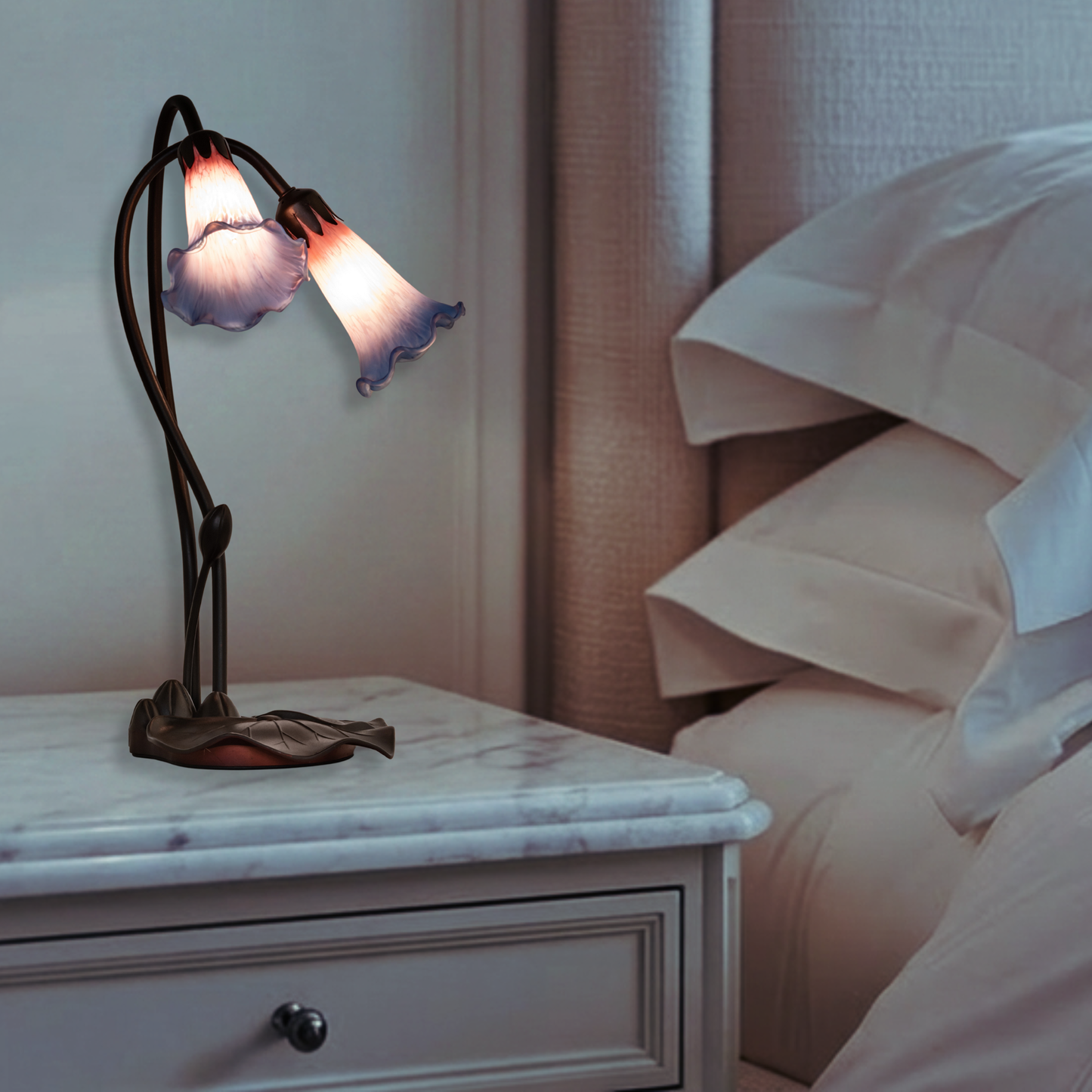16-inch small tiffany lamp pink blue pond lily on nightstand in bedroom.