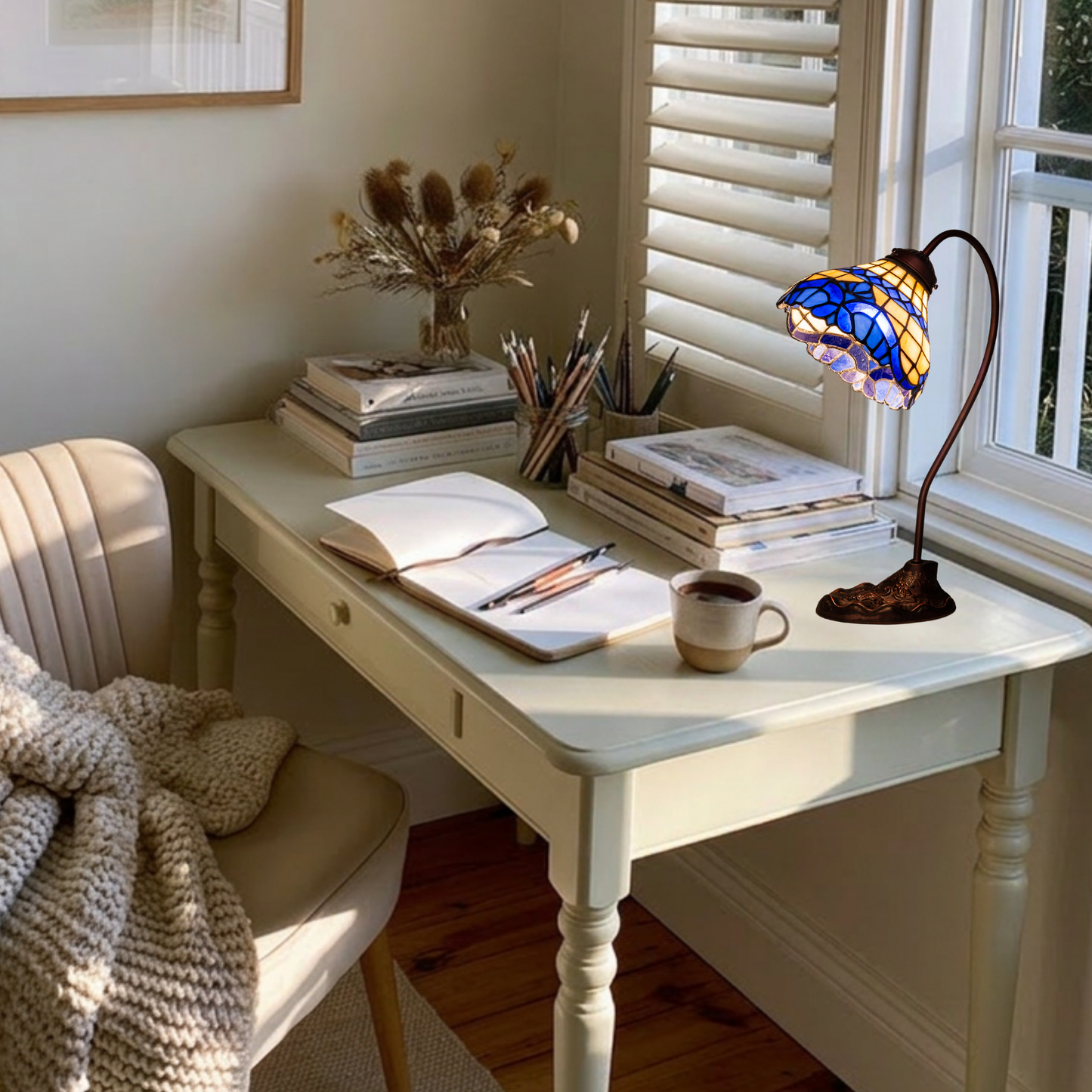 18-inch tiffany desk lamp baroque on desk in home office.
