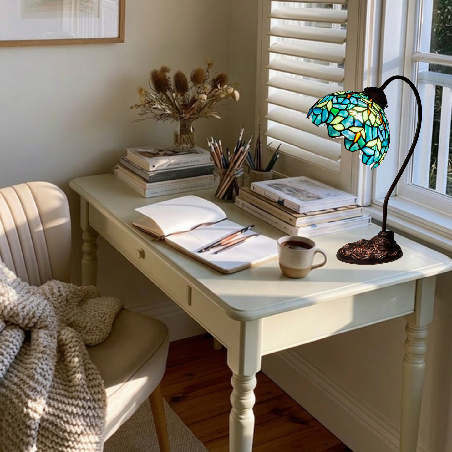 18-inch tiffany desk lamp wisteria nightfall on desktop in home office.