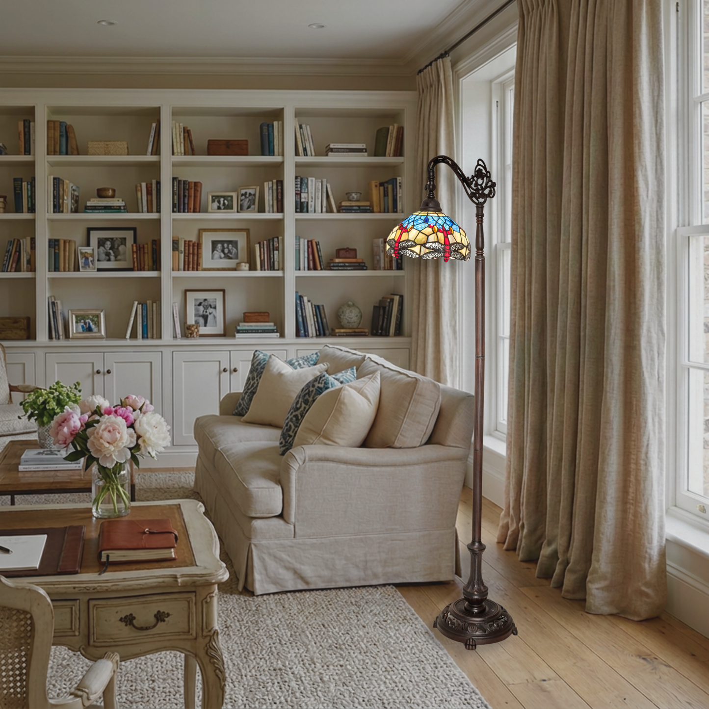 60.5-inch Tiffany floor lamp dragonfly lamp bridge arm in living room.