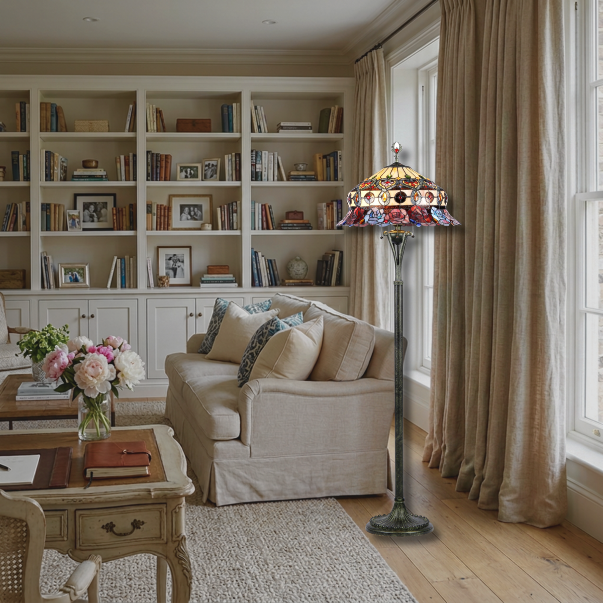 Tiffany Glass Floor Lamp Roses by Chloe Lighting in living room setting.