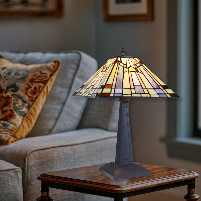 18-inch Tabletop Tiffany Lamp Kinsey Mission by Chloe Lighting in living room setting