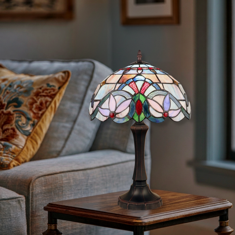 20-inch Tiffany Stained Glass Table Lamp Viola Victorian by Chloe Lighting in living room setting