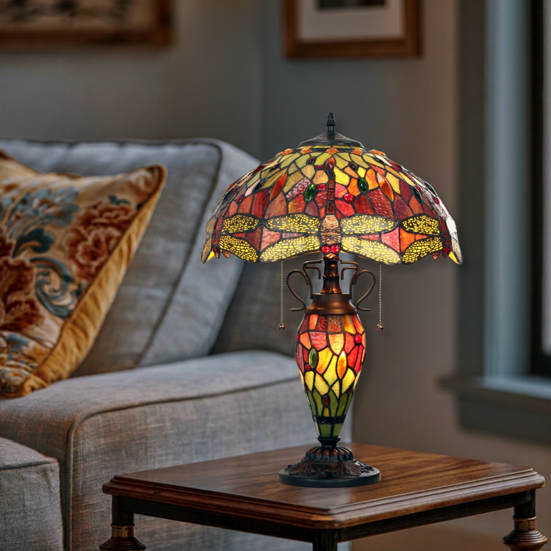 22-inch Tabletop Tiffany Lamp Empress Dragonfly Double Lit by Chloe Lighting in living room setting