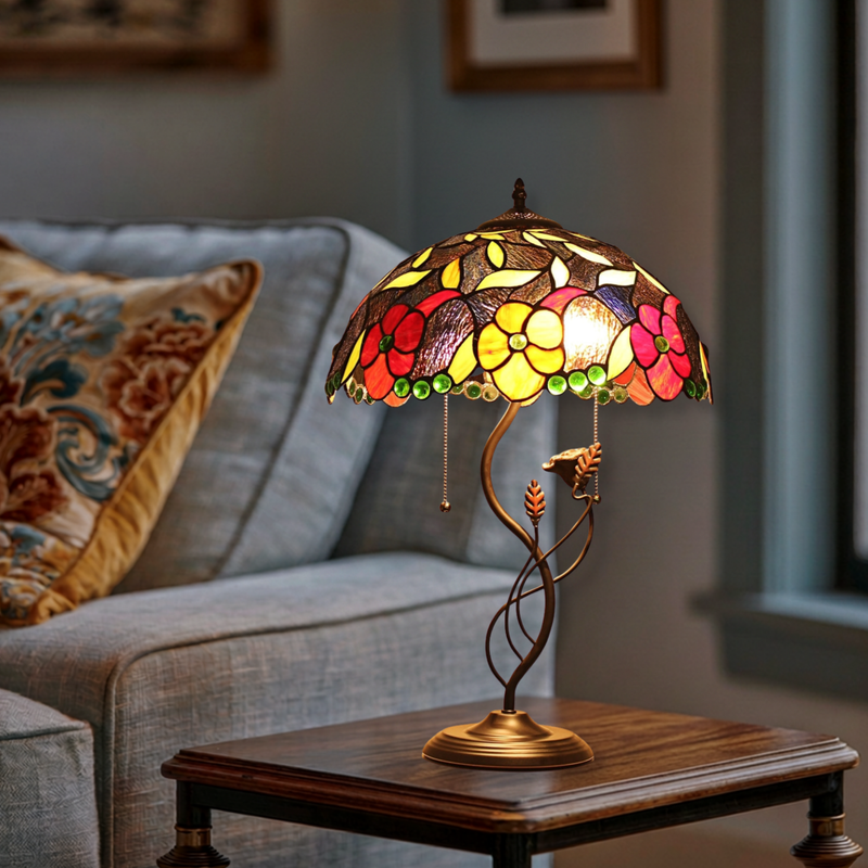 24-inch Tiffany Like Table Lamp Mariebelle Floral by Chloe Lighting in living room setting