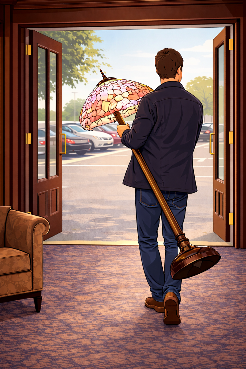 Man walking out of hotel lobby with Tiffany floor lamp