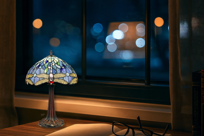 Blue Tiffany Dragonfly Lamp on desk
