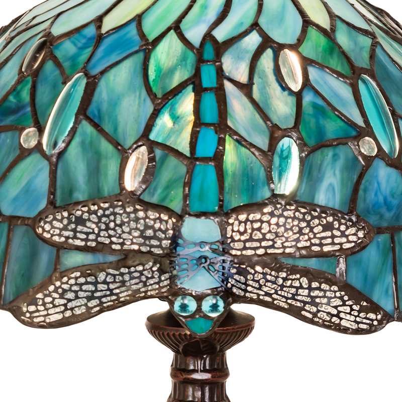 16 Inch Tiffany Table Lamp Dragonfly. Close up glass shade.