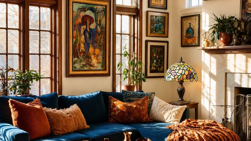 Living room showcasing colors, fabric, and Tiffany lamp