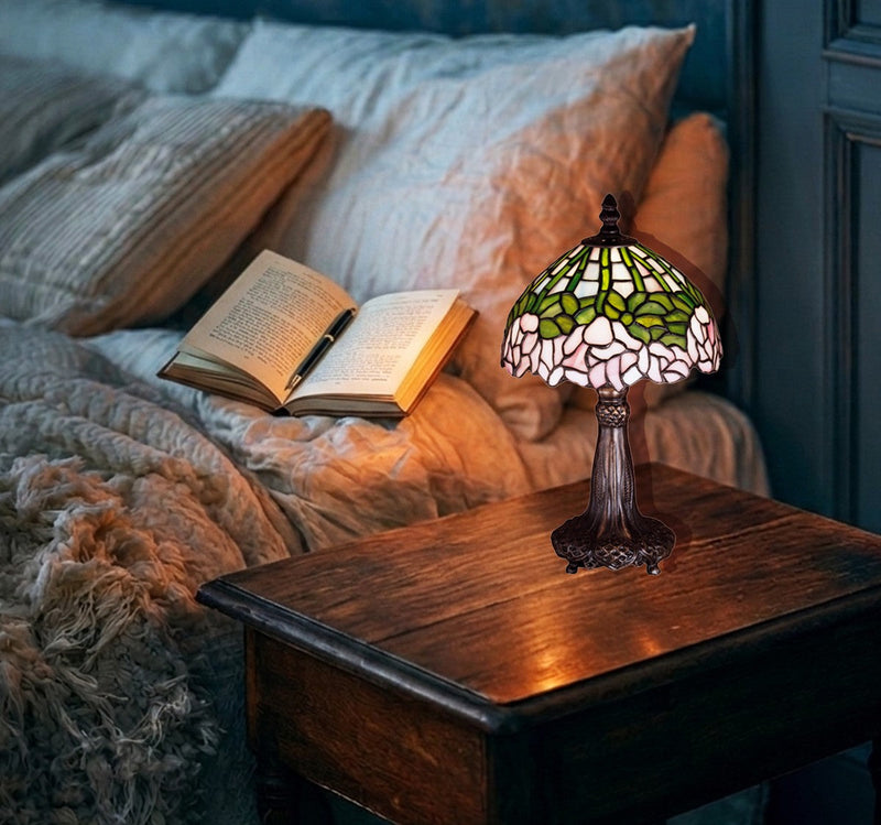 Cabbage Rose Small Tiffany lamp on bedroom nightstand