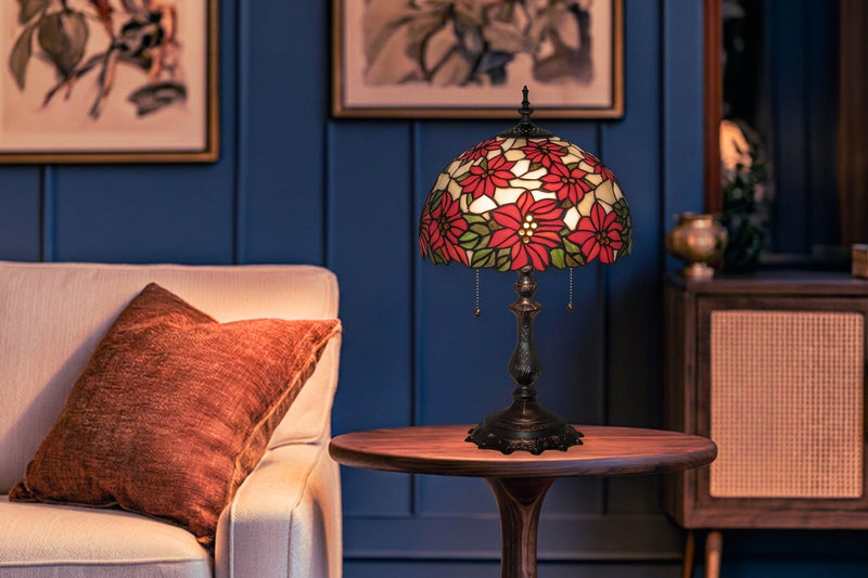 Poinsettia Tiffany lamp in living room