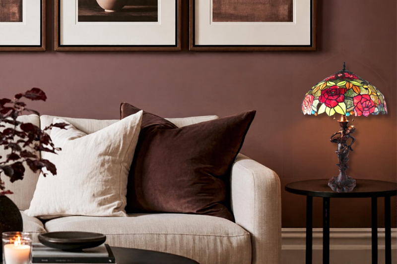 Tiffany Flower lamp in moody living room 