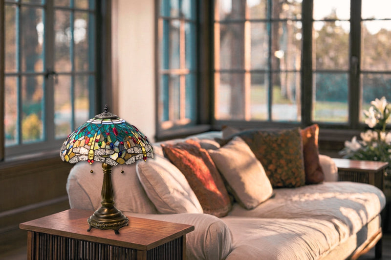 Tiffany hanginghead dragonfly lamp in living room setting 