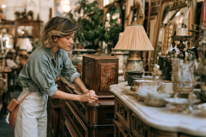 Women looking at furniture at an antique shop 