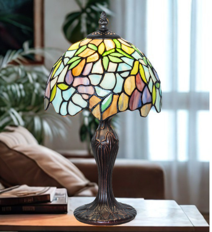 Tiffany Wisteria mini lamp on end table. 