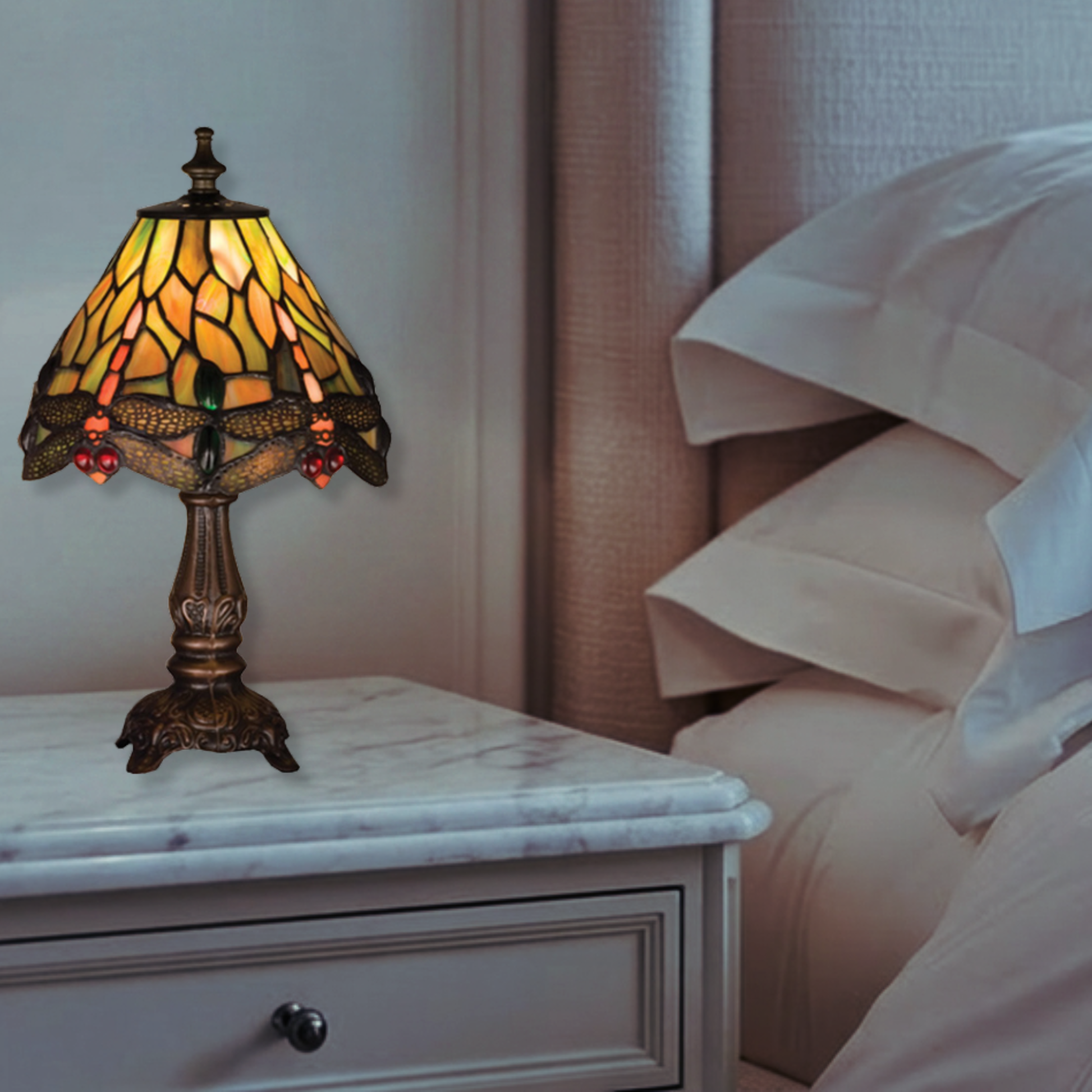 11.5 inch tiffany dragonfly lamp on nightstand in bedroom. 