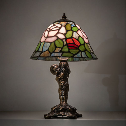 12-inch Tiffany Lamp Rosebush Cherub Accent on dark background