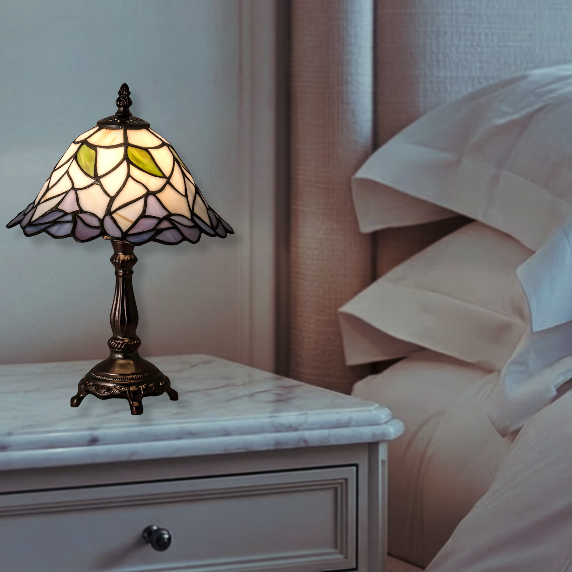 12-inch small tiffany lamp daffodil on nightstand in bedroom. 