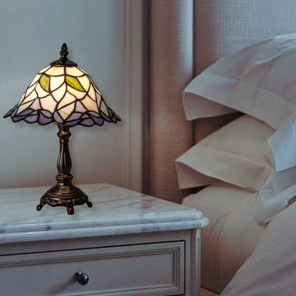 12-inch small tiffany lamp daffodil on nightstand in bedroom. 