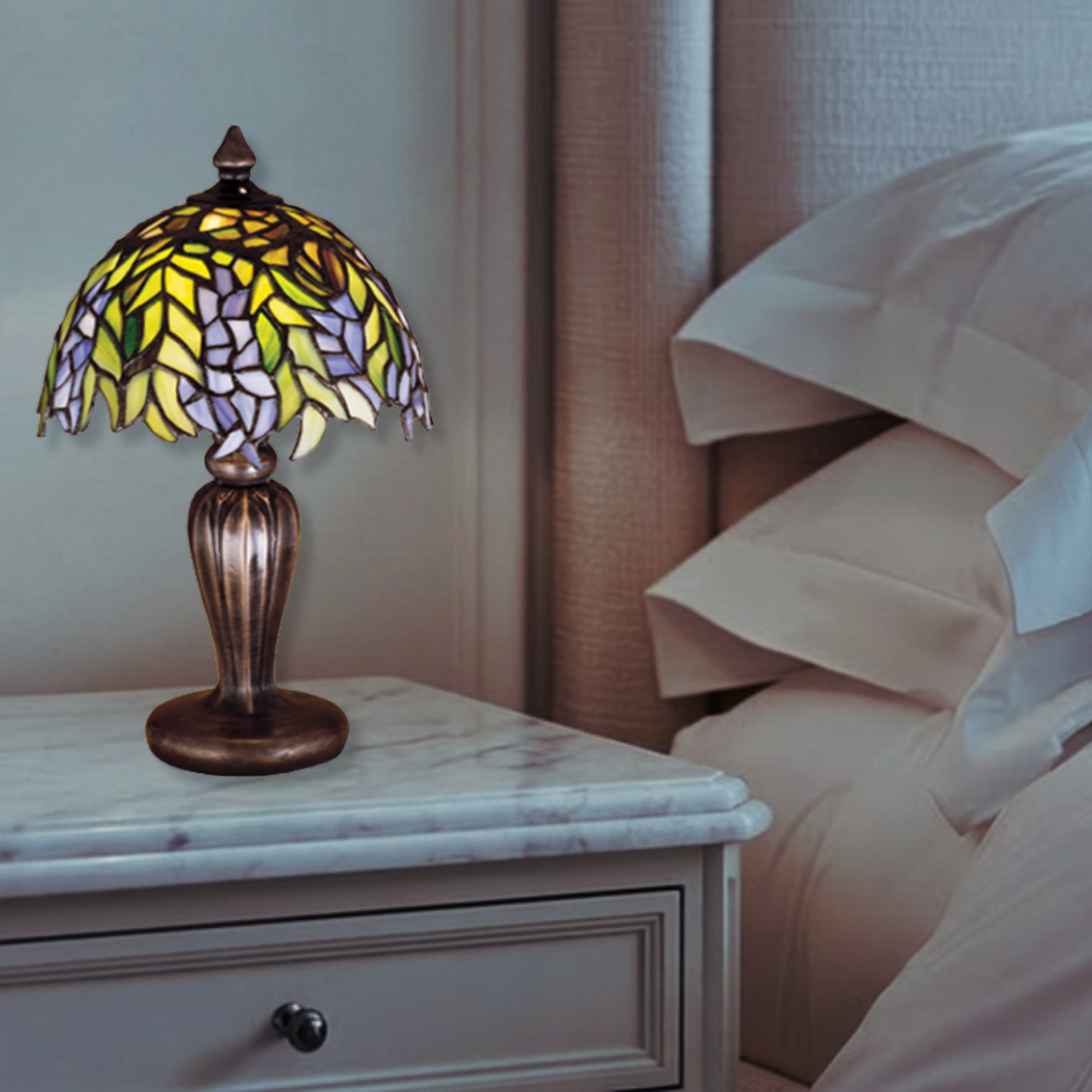 13-inch Tiffany Locust Lamp Honey Mini by Meyda Lighting on nightstand in bedroom.