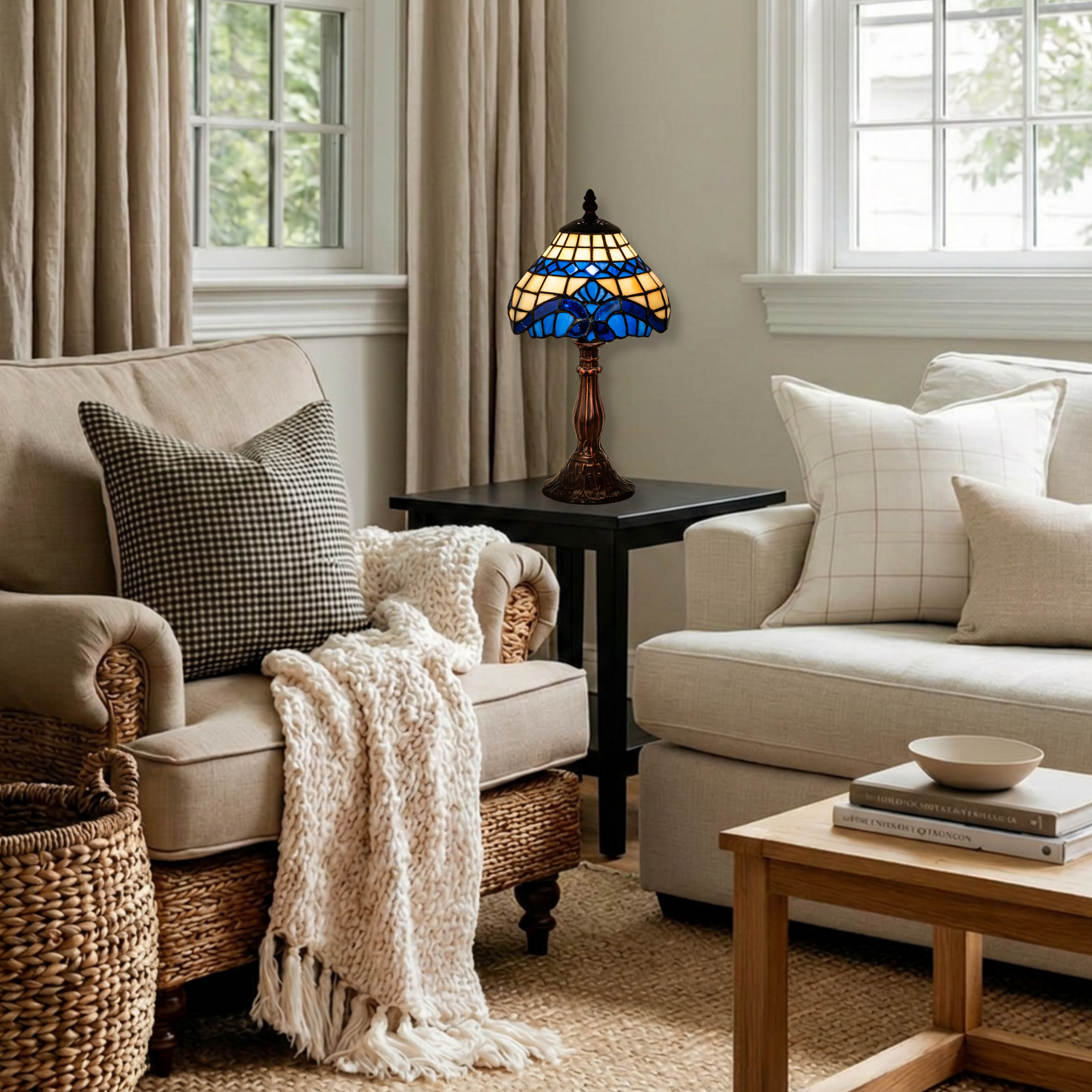 13-inch small tiffany lamp baroque on end table in living room. 