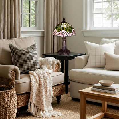 13-inch small tiffany lamp cabbage rose on end table in living room. 
