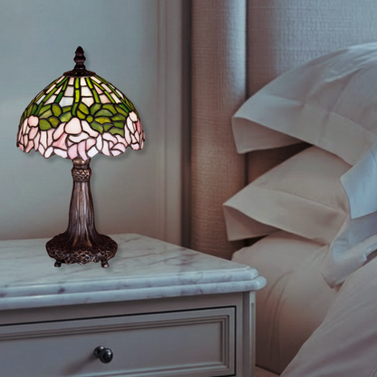 13-inch small tiffany lamp cabbage rose on nightstand in bedroom. 