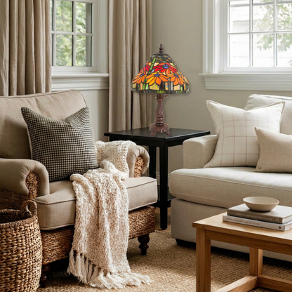 13-inch small tiffany lamp poinsettia on end table in living room. 
