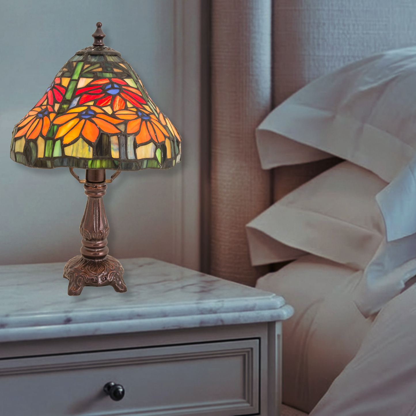 13-inch small tiffany lamp poinsettia on nightstand in bedroom. 