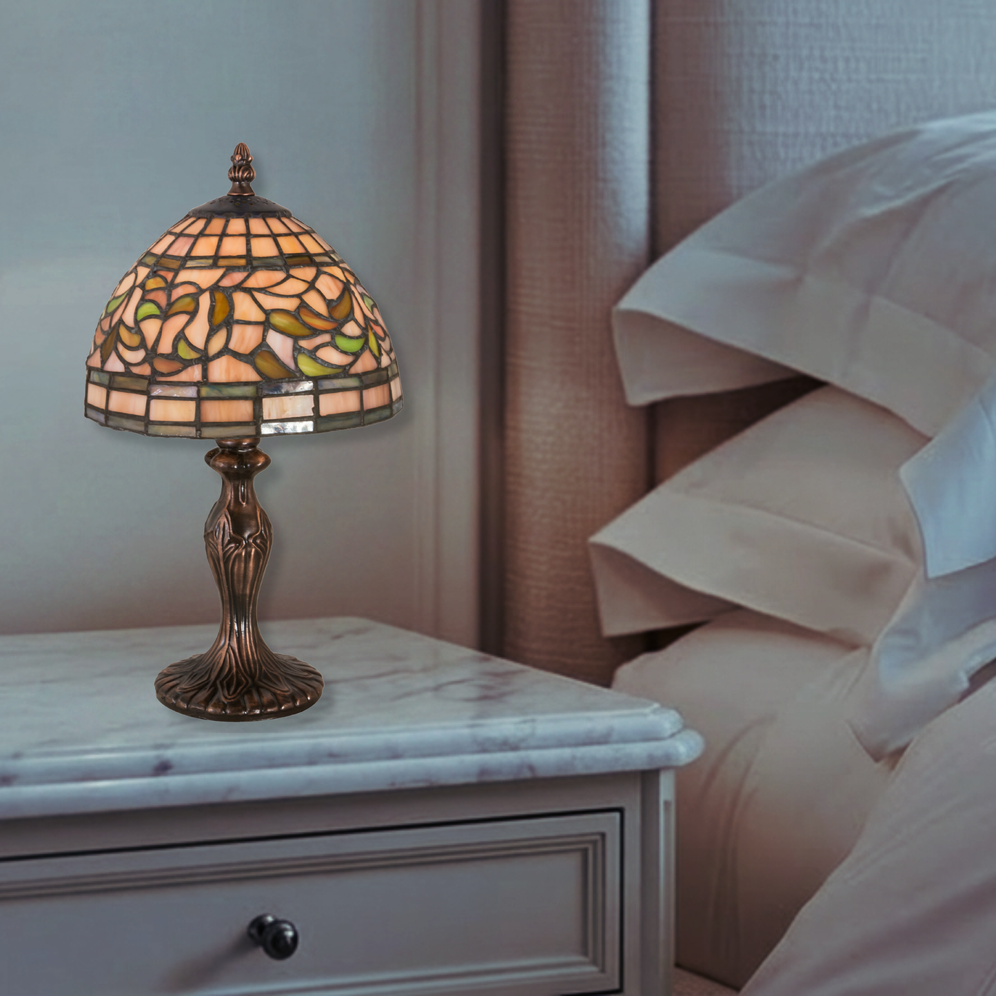 13.5 inches small tiffany lamp turning leaf on nightstand in bedroom. 