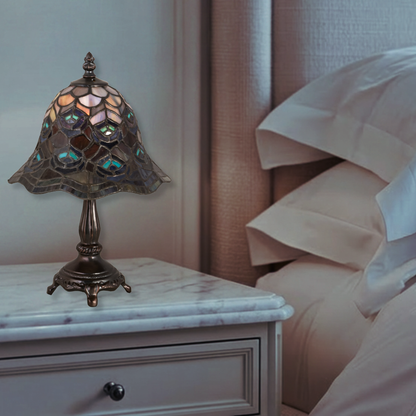 13.5 small tiffany lamp peacock on nightstand in bedroom. 