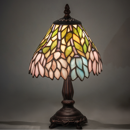 13 Inch Tiffany Wisteria Lamp lights on in dark room