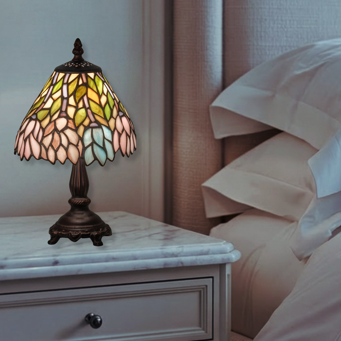 13 Inch Tiffany Wisteria Lamp on nightstand in bedroom. 