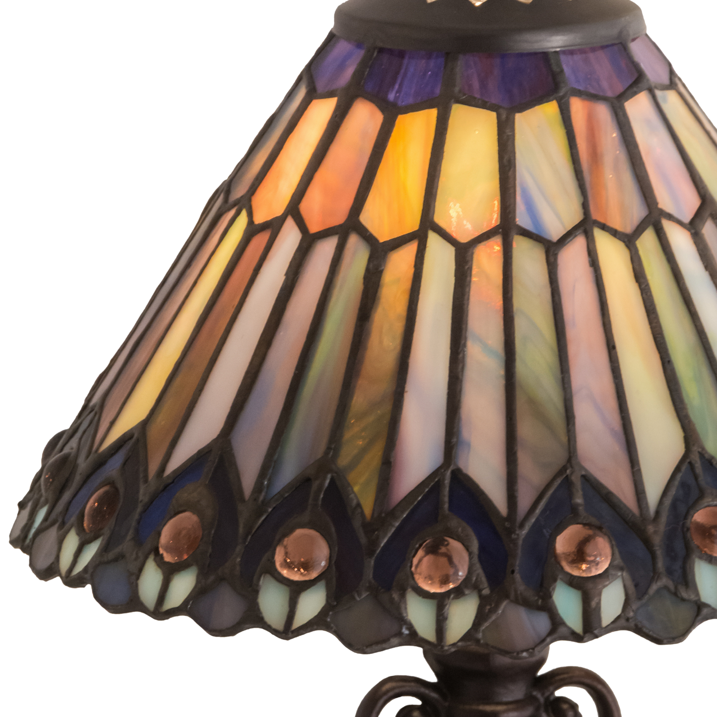 13 inch small tiffany lamp peacock. Close up of glass shade. 