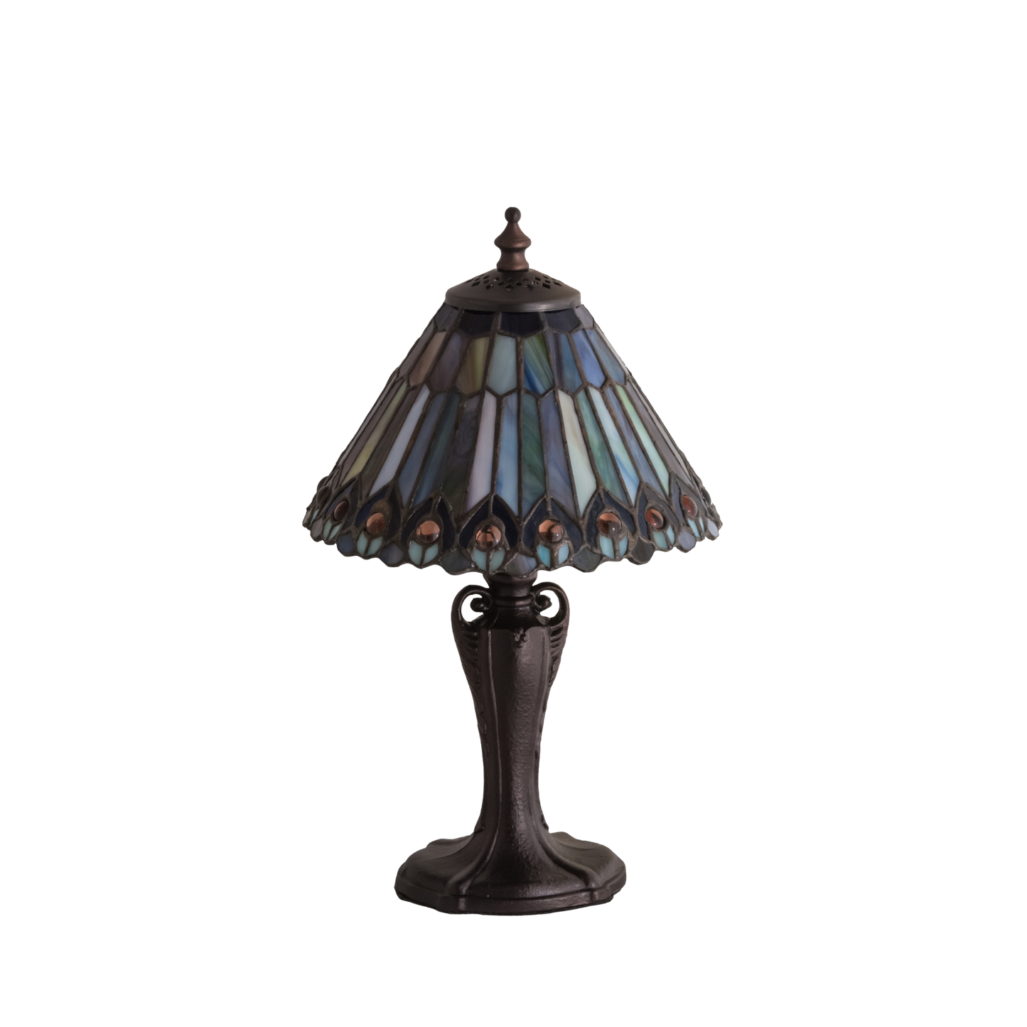 13 inch small tiffany lamp peacock. Lamp with light off. 