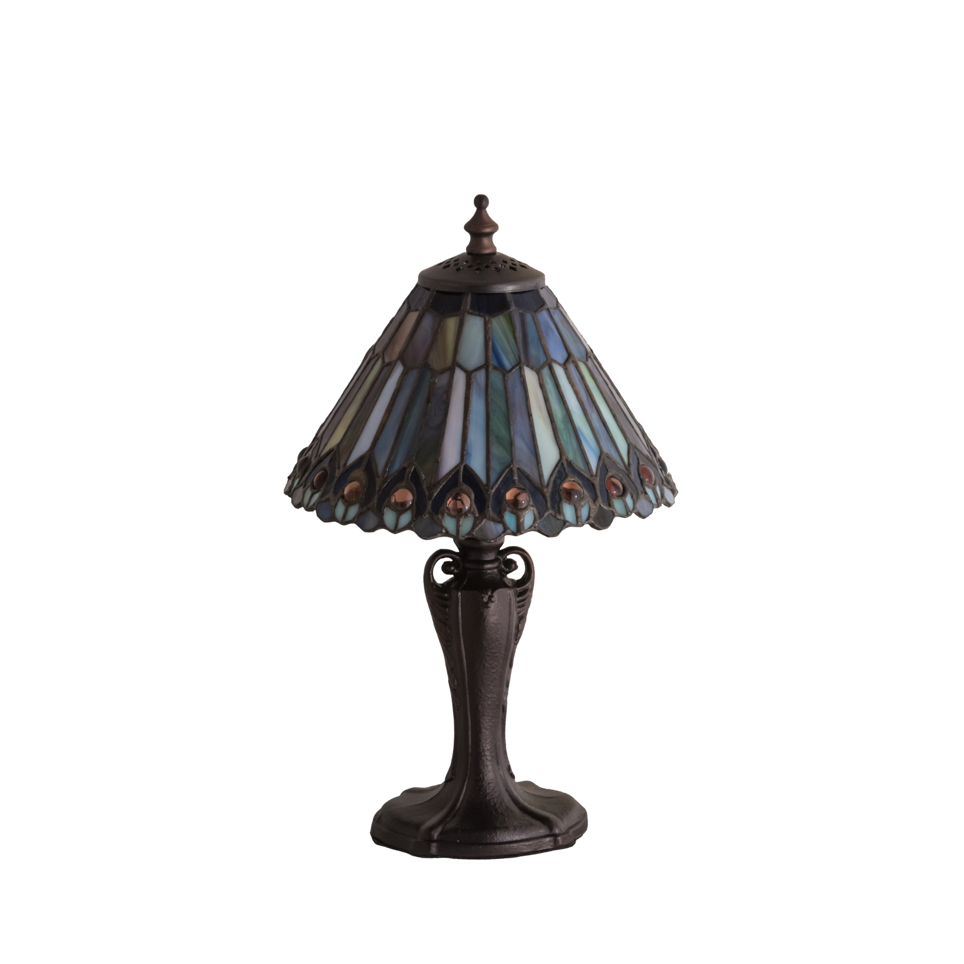 13 inch small tiffany lamp peacock. Lamp with light off. 
