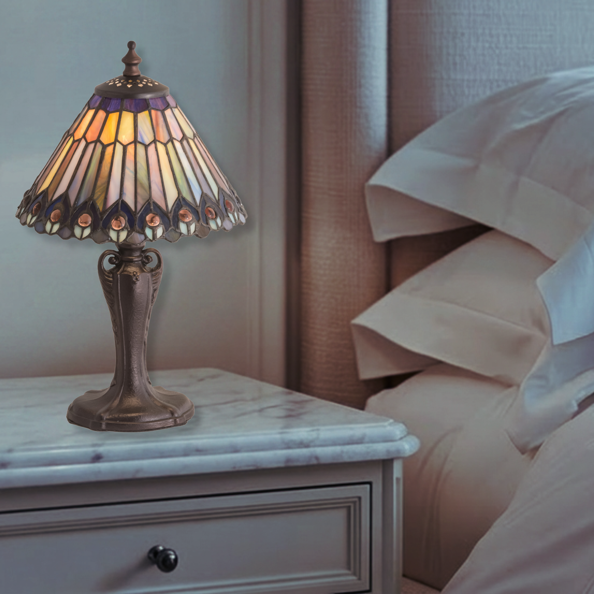 13 inch small tiffany lamp peacock on nightstand in bedroom. 