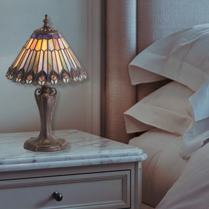13 inch small tiffany lamp peacock on nightstand in bedroom. 