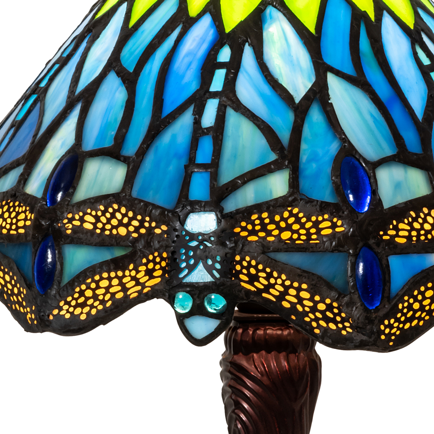 13 inch tiffany dragonfly lamp. Close up of glass shade. 