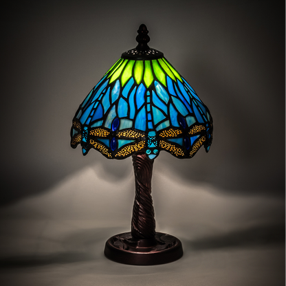 13 inch tiffany dragonfly lamp on dark background.