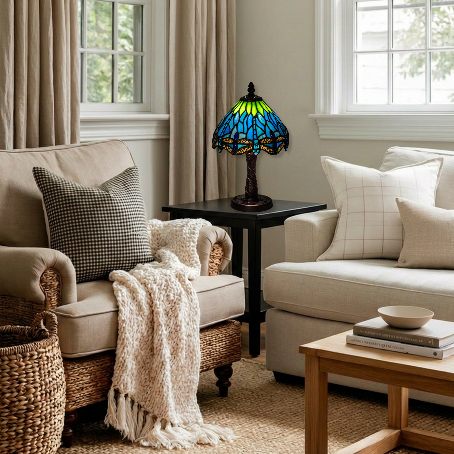 13 inch tiffany dragonfly lamp on end table in living room. 