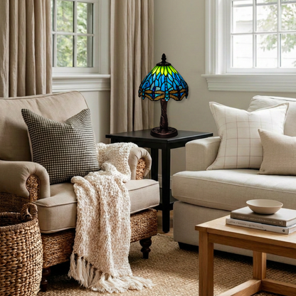 13 inch tiffany dragonfly lamp on end table in living room. 
