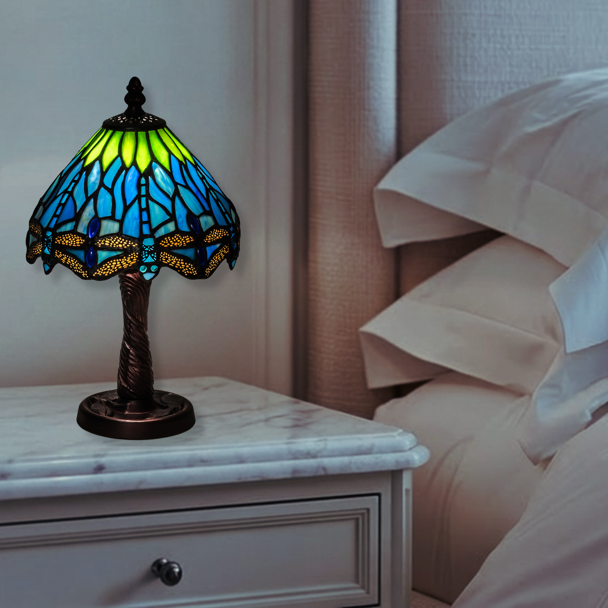 13 inch tiffany dragonfly lamp on nightstand in bedroom. 