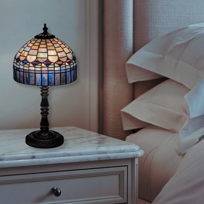 14-inch small tiffany lamp candice on nightstand in bedroom. 